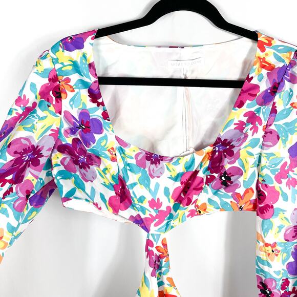 More to Come Sonya Cutout Dress White Purple Floral Mini Long Sleeve Sz M - Picture 9 of 16